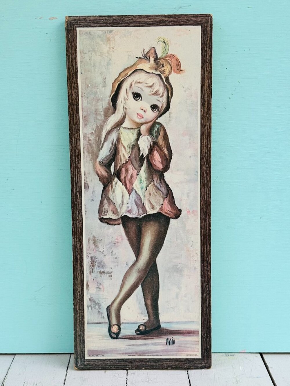 Vintage 1960s Jean Maio print of a big-eyed girl in a harlequin dress, mod girl